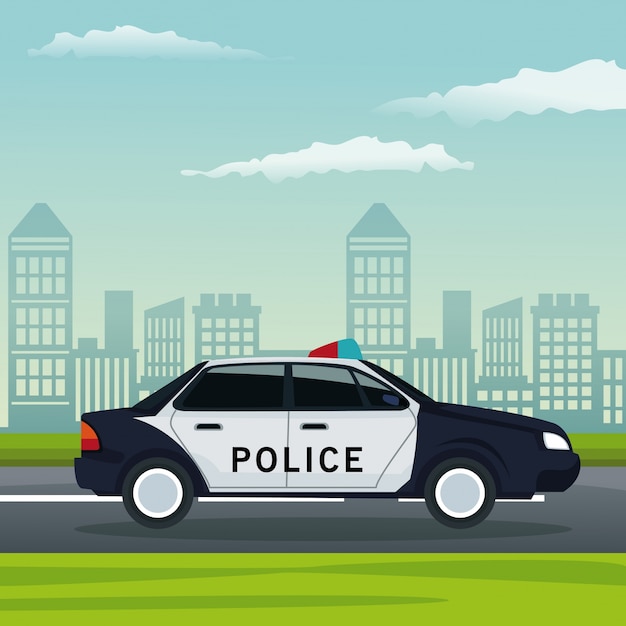 paysage de la ville avec le transport de véhicule de police voiture dans la rue