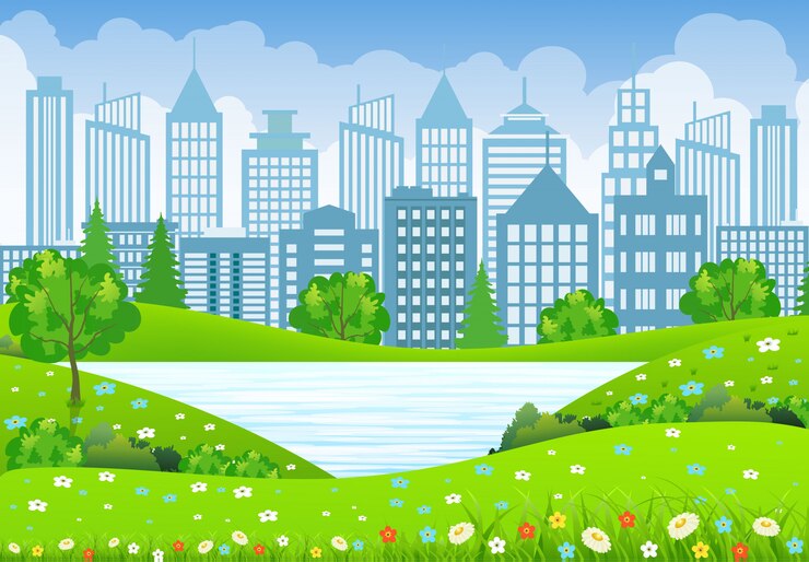 Vecteur paysage de la ville verte avec lac d'arbres et fleurs
