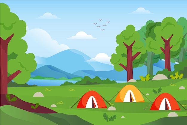 Paysage De Zone De Camping Design Plat Avec Tentes