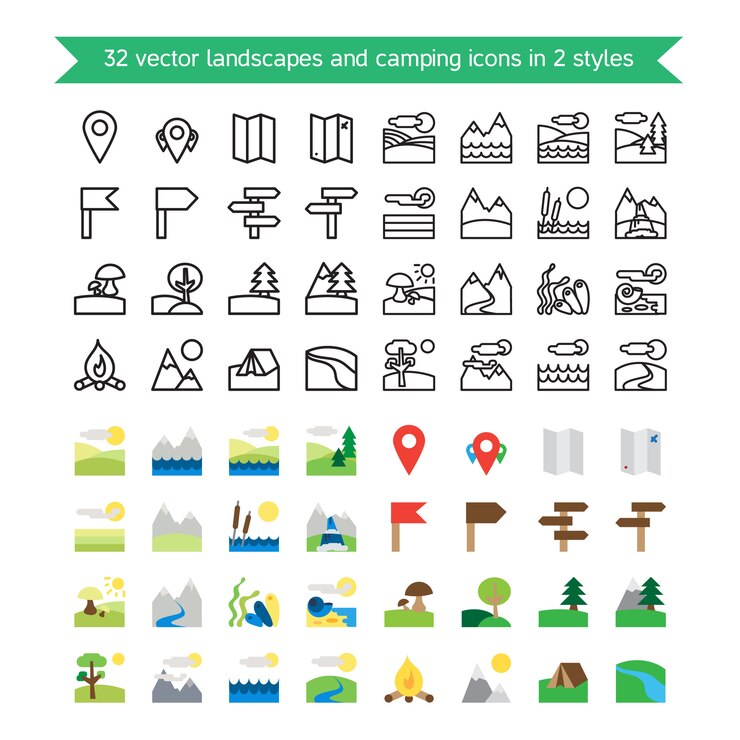 Paysages et camping icônes définies. Nature et symboles de voyage.
