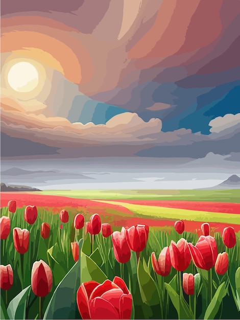 Vecteur des paysages magnifiques, de beaux champs de tulipes rouges qui s'étendent jusqu'à l'horizon. illustration vectorielle du printemps.