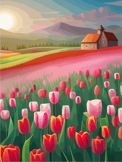 Vecteur des paysages magnifiques, de beaux champs de tulipes rouges qui s'étendent jusqu'à l'horizon. illustration vectorielle du printemps.