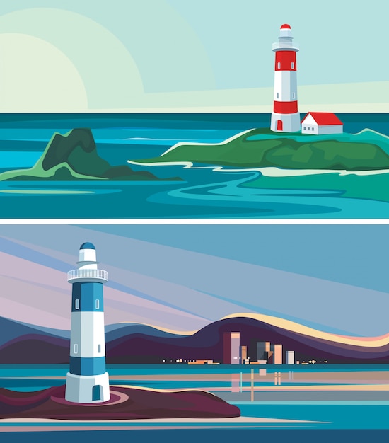 Paysages Marins Avec Phare. Ensemble De Beaux Paysages Naturels.