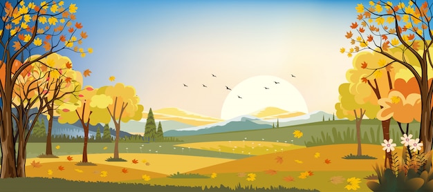 Vecteur paysages panoramiques du domaine agricole automne avec les feuilles d'érable tombant des arbres, saison d'automne en soirée.