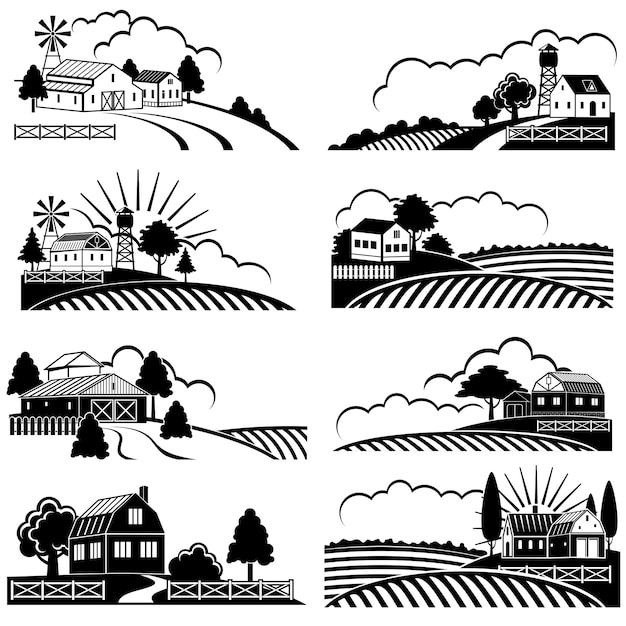 Vecteur paysages ruraux rétro avec bâtiment de ferme dans un champ