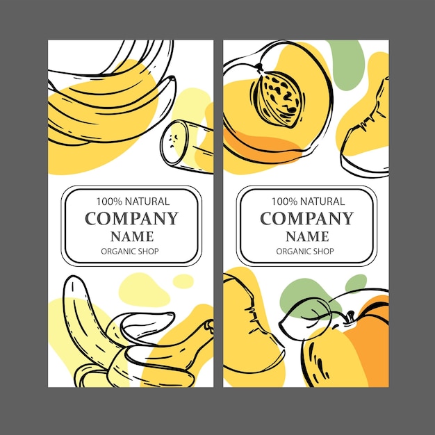 Peach Banana Labels Ensemble D'illustrations Vectorielles D'esquisse Verticale