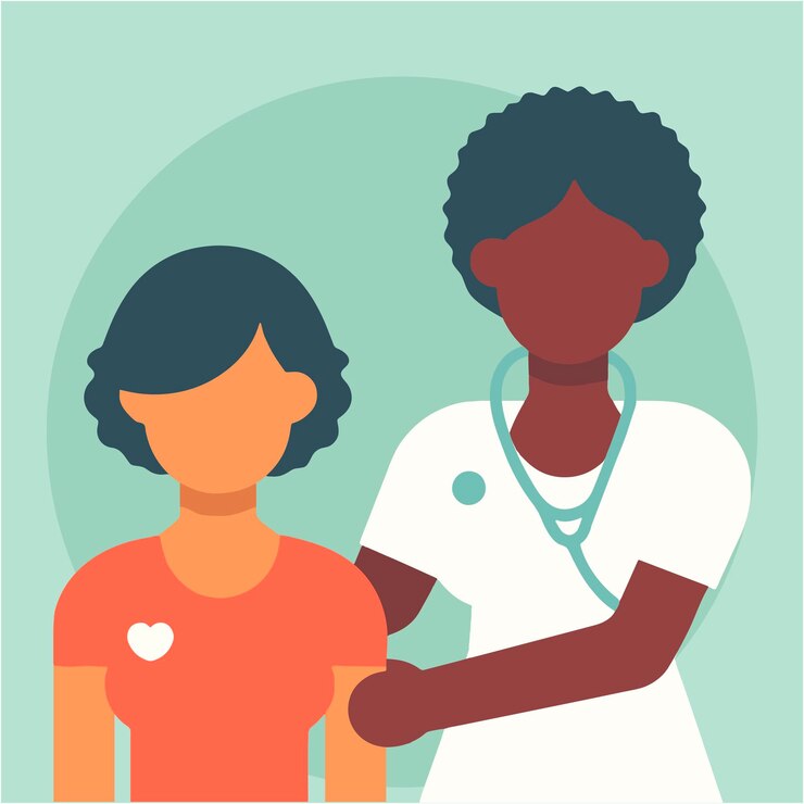 Vecteur peau noire amicalement féminine cheveux bouclés africains praticien médecin confort femmes cancer patient personnage vecteur plat illustration concept d'avatar personne médicale consultant jeune patient visite de traitement