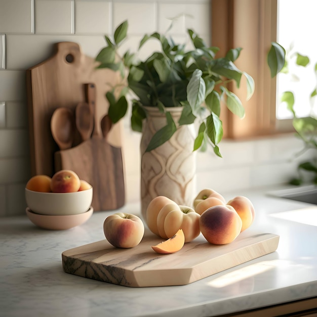 Pêches Sur Une Planche De Bois De Cuisine à Découper Fond De Cuisine Flou