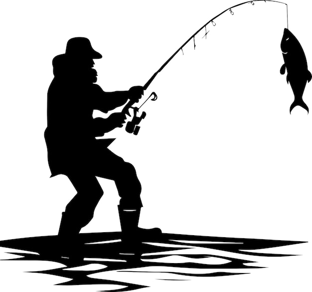 Pêcheur, Attraper, A, Poisson, Vecteur, Silhouette