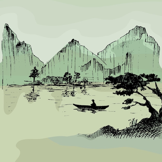 Vecteur pêcheur sur un bateau japonais vintage vector éclosion illustration couleur paysage japonais avec des montagnes