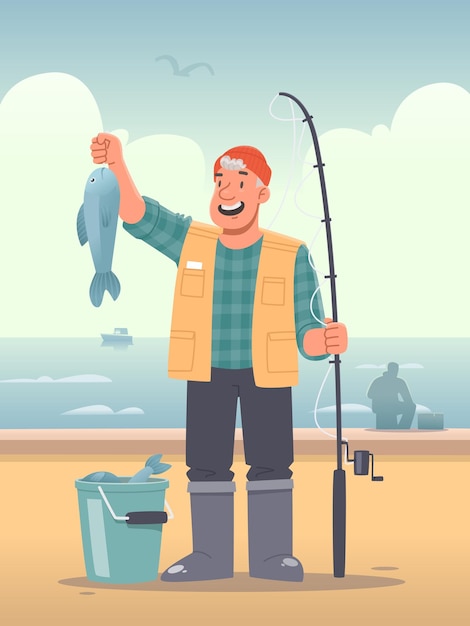 Vecteur un pêcheur heureux se dresse sur fond de mer avec des poissons pêchés avec des appâts passe-temps masculin _ai_generated