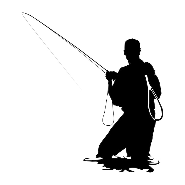Pêcheur à la mouche pêche à la mouche graphique pêche à la mouche clip art pêche noire sur fond blancVecteur