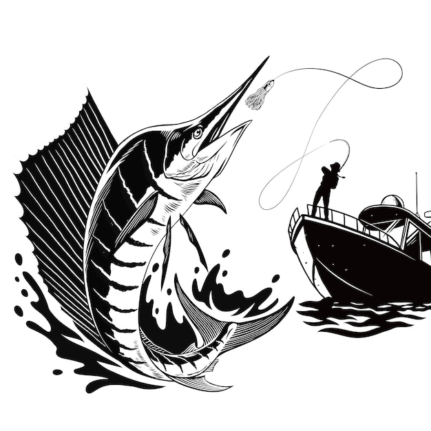 Vecteur un pêcheur qui attrape un gros poisson-sail de l'atlantique illustration en noir et blanc