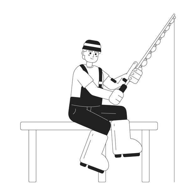 Pêcheur en train de pêcher du poisson sur le quai personnage vectoriel plat monochromatique Pêcher dans un chapeau à seau ligne mince modifiable personne de corps entier sur blanc image de spot de dessin animé simple bw pour la conception graphique Web