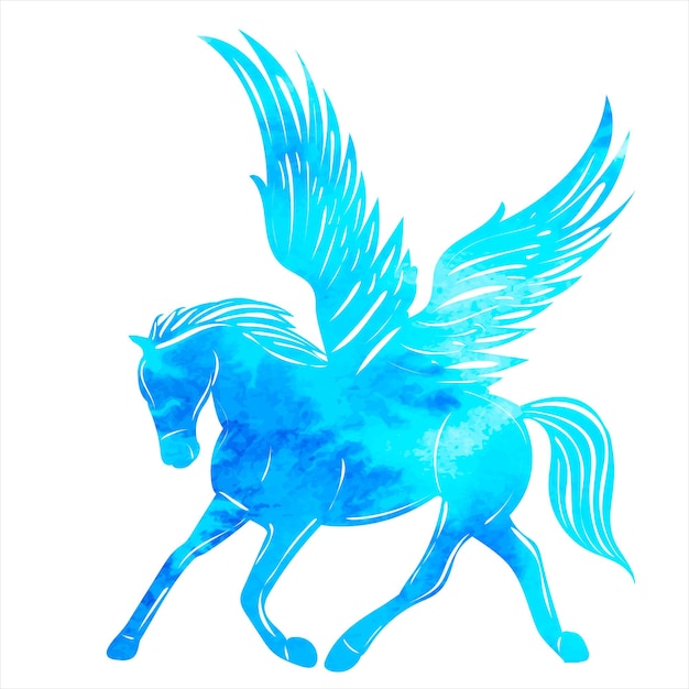 Pegasus Bleu Battant Silhouette Aquarelle Isolé