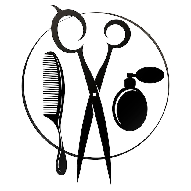 Vecteur peigne à ciseaux avec cheveux bouclés et pulvérisateur design pour salon de beauté et de coiffure