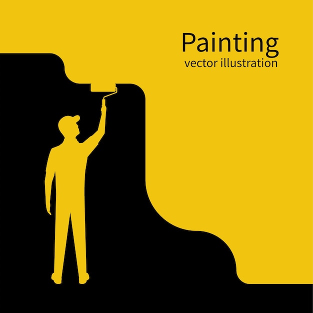 Le peintre peint la silhouette du mur. L'homme tient un rouleau à peinture à la main. Illustration vectorielle de style design plat. Courses humaines pour assurer les travaux de construction. Service Clients. Travailleur en uniforme.