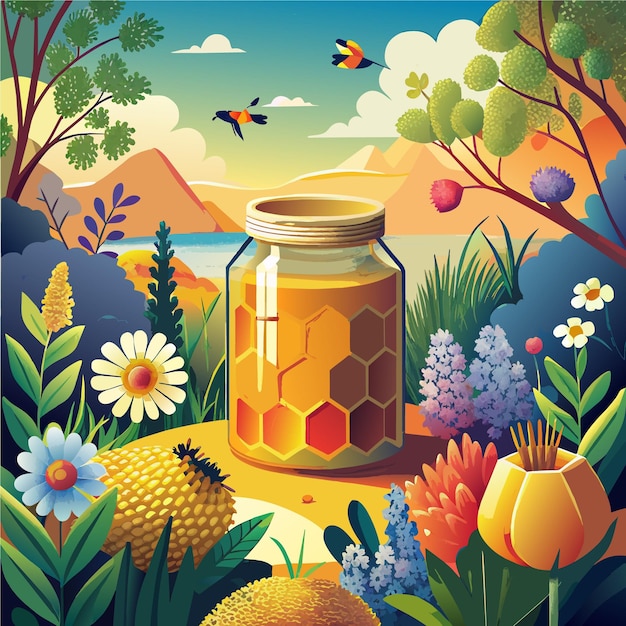 Vecteur une peinture d'une abeille et d'un pot de miel