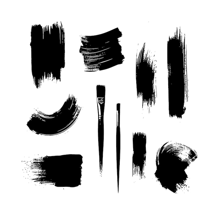 Vecteur peinture abstraite noire traits de pinceau sur fond blanc chacun avec un style unique