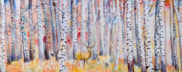 Vecteur peinture à l'aquarelle des arbres d'automne colorés. image semi-abstraite de forêt, trembles avec famille de cerfs, feuille rouge. automne, fond nature saison automne. peint à la main impressionniste, paysage extérieur