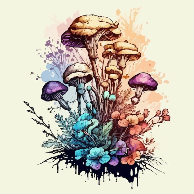 Peinture à l'aquarelle d'un beau bouquet de champignons