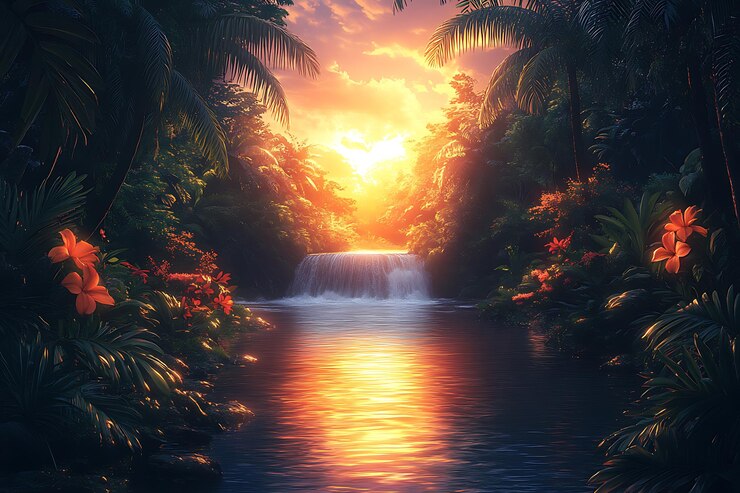 Vecteur une peinture à l'aquarelle d'une cascade avec un coucher de soleil en arrière-plan