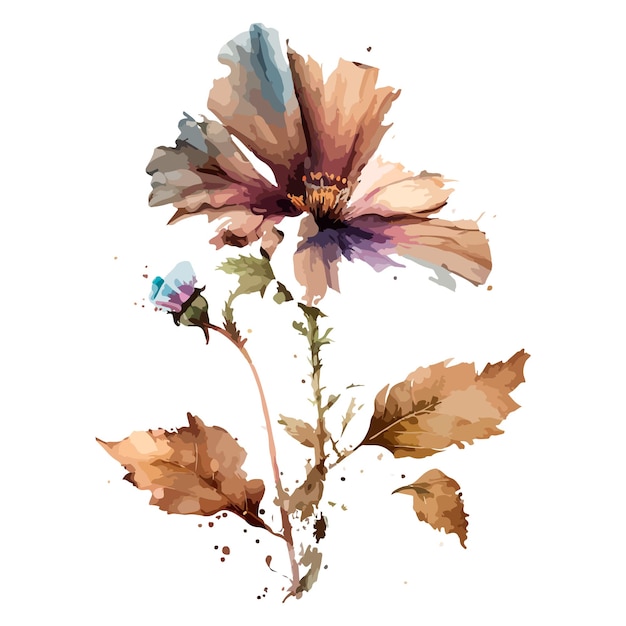 Une peinture à l'aquarelle d'une fleur avec une feuille dessus.