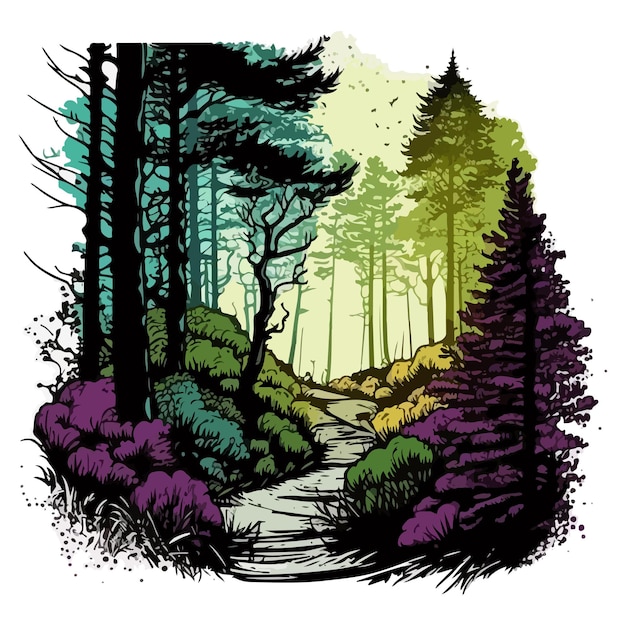 Peinture à l'aquarelle d'une forêt aux couleurs pop