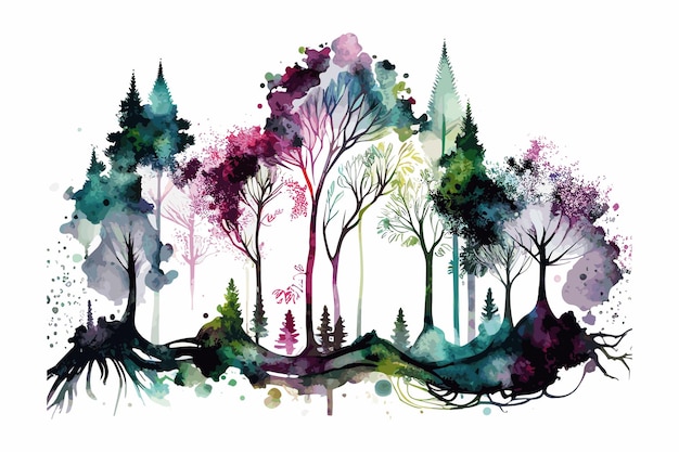 Une Peinture à L'aquarelle D'une Forêt Avec Une Forêt En Arrière-plan.