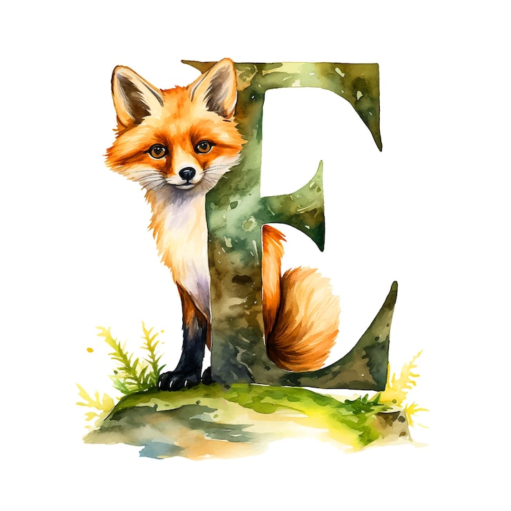 Vecteur peinture à l'aquarelle fox et lettre e