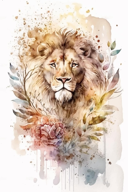 Vecteur peinture à l'aquarelle d'un lion avec des fleurs et des feuilles.
