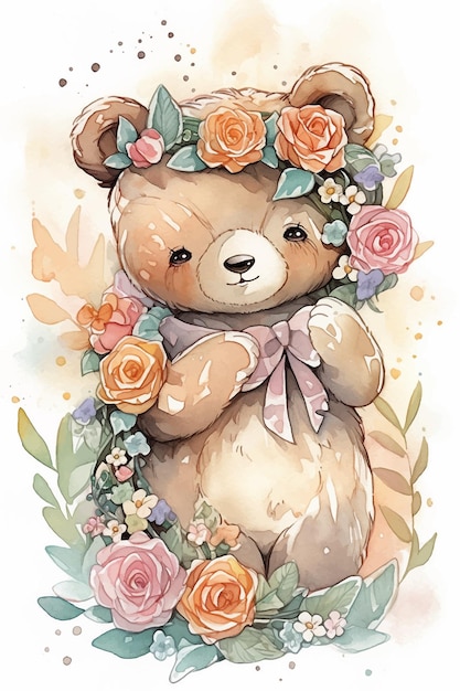 Peinture à l'aquarelle d'un mignon ours en peluche avec une couronne de fleurs.