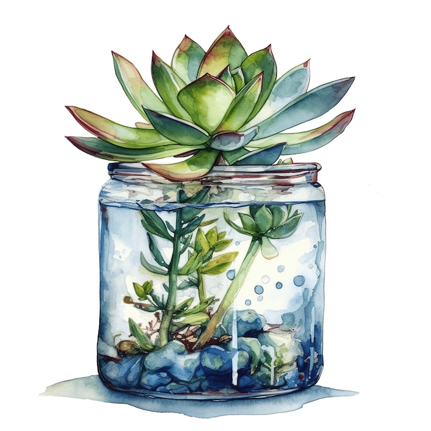 Une peinture à l'aquarelle d'une plante dans un bocal