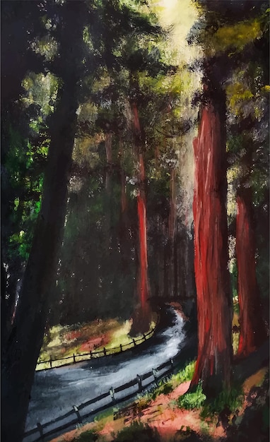 Peinture à l'aquarelle de la route à l'intérieur du jardin arboré avec une illustration de la route