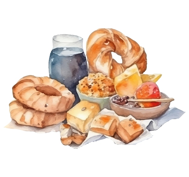 Peinture à L'aquarelle D'une Table De Petit-déjeuner Avec Une Tasse De Café Et Un Bagel.