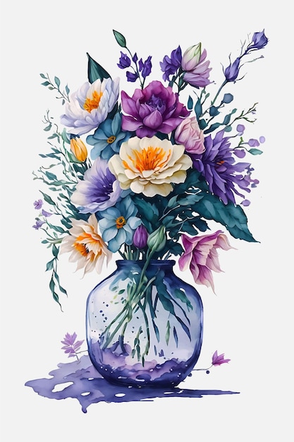 Une Peinture à L'aquarelle D'un Vase Avec Des Fleurs Et Des Feuilles