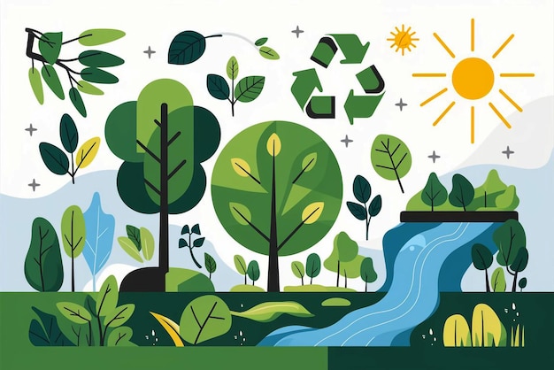 une peinture d'arbres et d'une rivière avec le soleil et les arbres