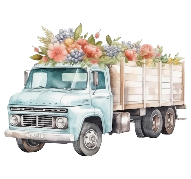 Vecteur une peinture d'un camion avec des fleurs à l'arrière