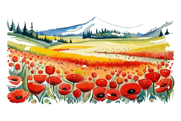 Vecteur une peinture d'un champ de coquelicots avec une montagne en arrière-plan.