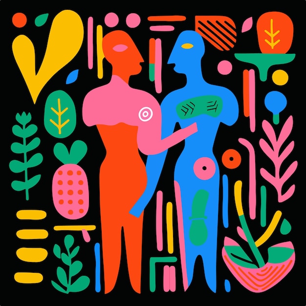 Vecteur une peinture colorée avec des images colorées de personnes et de plantes