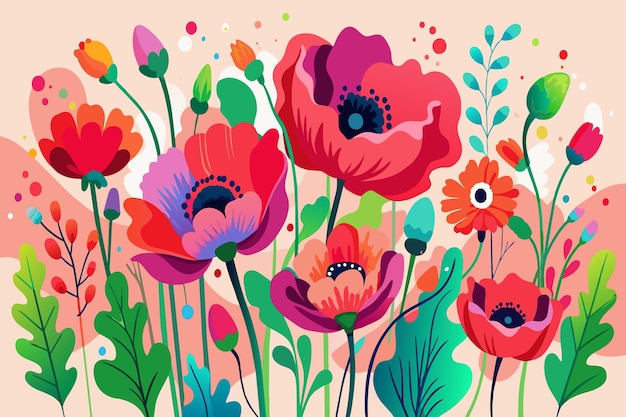 Une peinture colorée d'un jardin de fleurs avec une variété de fleurs, y compris le rouge