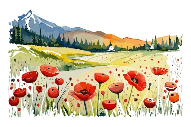 Une peinture de coquelicots rouges dans un champ avec des montagnes en arrière-plan.