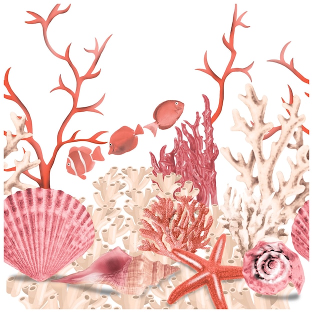 Vecteur une peinture d'un coquillages et coraux avec les mots 