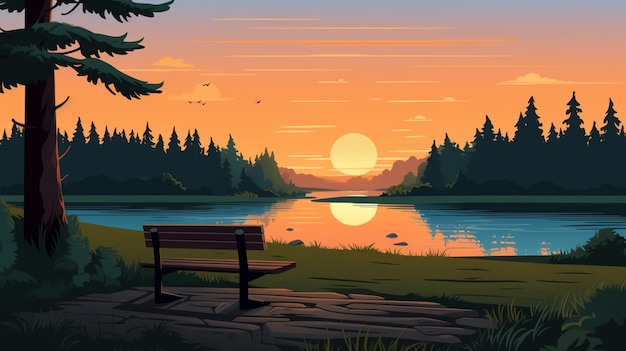 Vecteur une peinture d'un coucher de soleil avec un banc et un lac