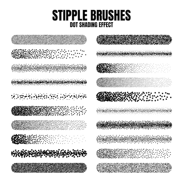 Peinture à l'encre et texture à la pince à pointes, gradient de décoloration, pointillement, dessin à points, ombrage.