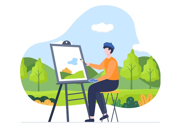 Peinture à l'extérieur Illustration avec quelqu'un qui peint à l'aide de pinceaux de toile de chevalet et d'aquarelle