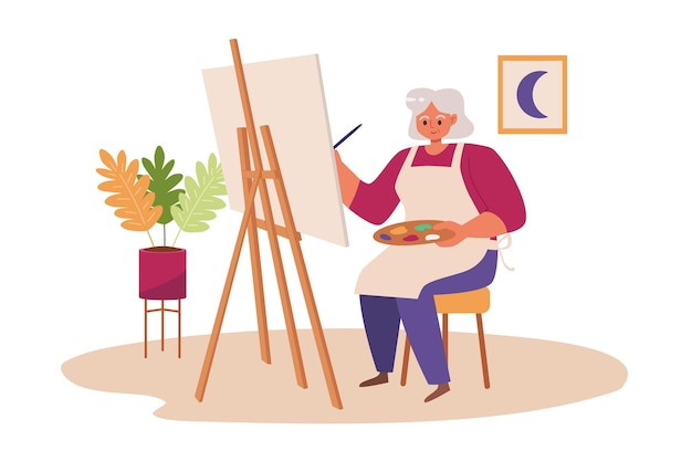 Vecteur peinture de femme âgée, image vectorielle de vieux peintre