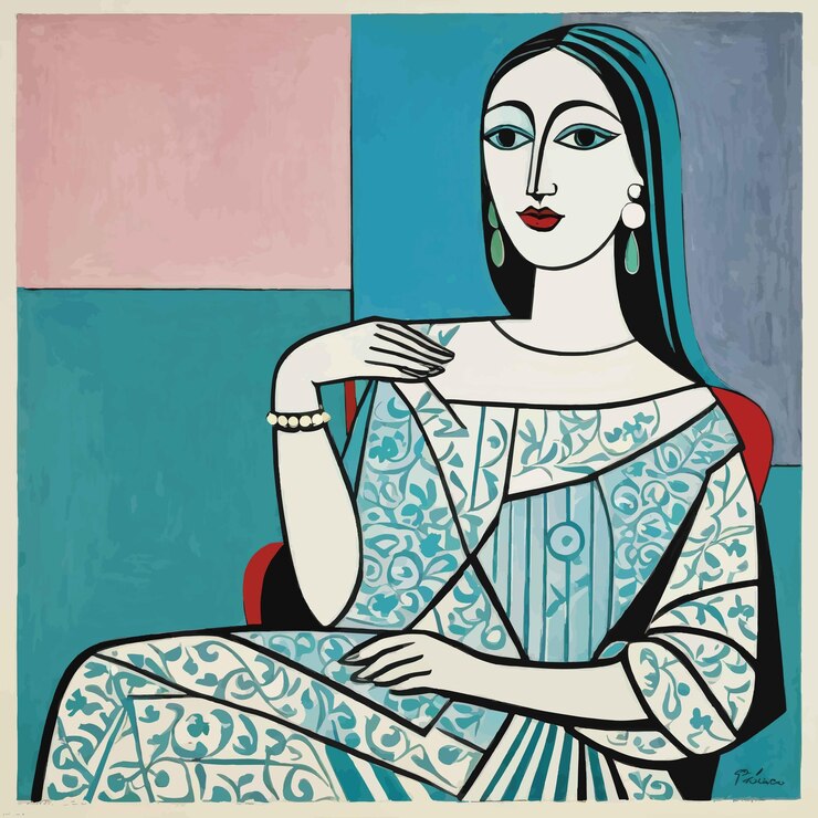 Vecteur une peinture d'une femme assise sur une chaise avec un fond bleu et rose