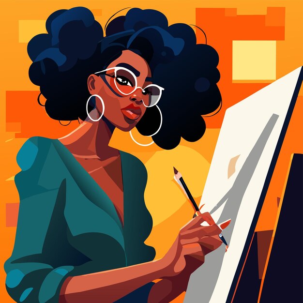 Vecteur peinture de femme noire dessinée à la main, plate, élégante, autocollante de dessin animé, icône de concept, illustration isolée.