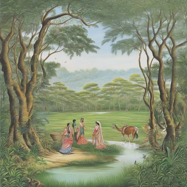 Vecteur une peinture de femmes dans la forêt avec un chameau